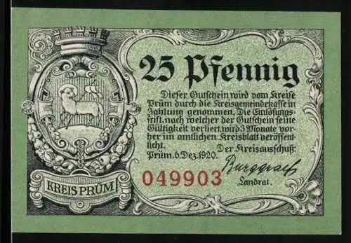 Notgeld Prüm 1920, 25 Pfennig, Ruine Schönecken und die Kapelle auf einem Berg