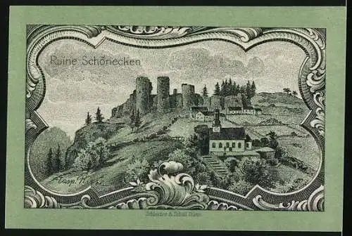 Notgeld Prüm 1920, 25 Pfennig, Ruine Schönecken und die Kapelle auf einem Berg