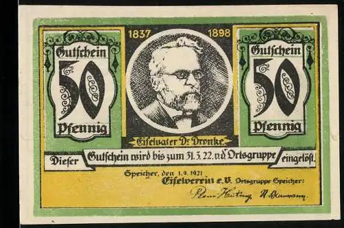 Notgeld Speicher 1921, 50 Pfennig, Eifelvater Dr. Dronke, Kyllburg zwischen Rhein und Mosel