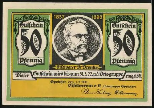 Notgeld Speicher 1921, 50 Pfennig, Eifelvater Dr. Dronke, Bollendorf am Fluss
