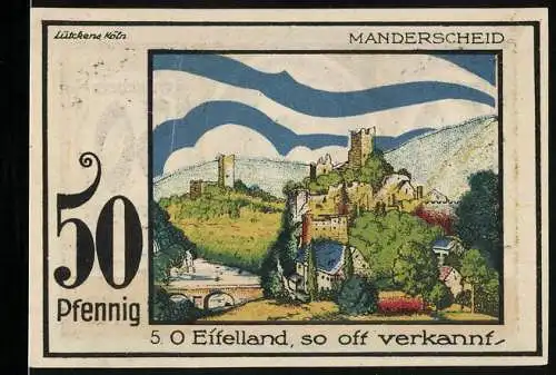 Notgeld Speicher 1921, 50 Pfennig, Eifelvater Dr. Dronke, Ruine in Manderscheid