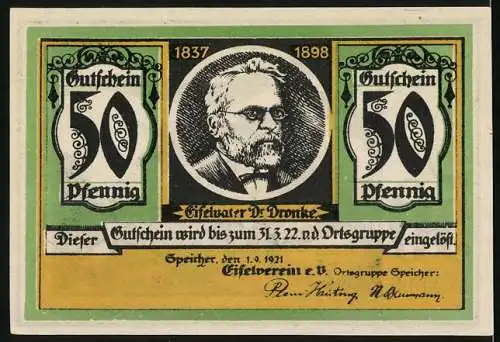 Notgeld Speicher 1921, 50 Pfennig, Eifelvater Dr. Dronke, Ruine in Manderscheid