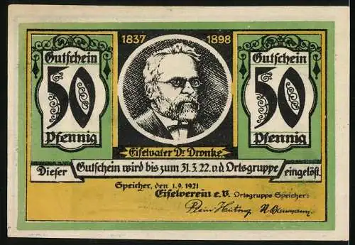 Notgeld Speicher 1921, 50 Pfennig, Eifelvater Dr. Dronke, Die Burg Kerpen