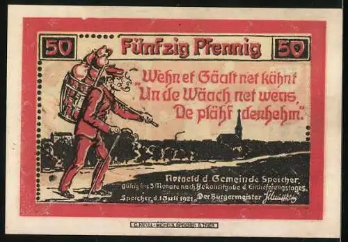 Notgeld Speicher 1921, 50 Pfennig, Krug-Händler, Töpfer und Schmied