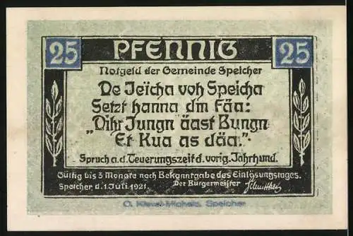 Notgeld Speicher 1921, 25 Pfennig, Alter Mann und Söhne daheim