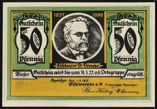 Notgeld Speicher 1921, 50 Pfennig, Eifelvater Dr. Dronke, Burgruine in Manderscheid