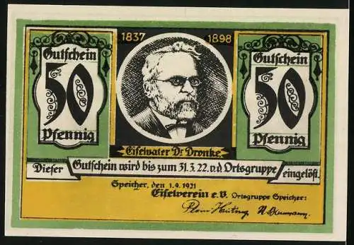 Notgeld Speicher 1921, 50 Pfennig, Eifelvater Dr. Dronke, Kyllburg zwischen den Flüssen