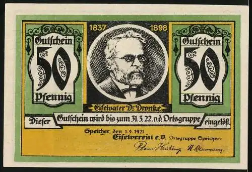 Notgeld Speicher 1921, 50 Pfennig, Eifelvater Dr. Dronke, Blick auf die Burg Kerpen