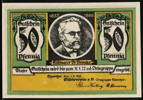 Notgeld Speicher 1921, 50 Pfennig, Eifelvater Dr. Dronke, Das Bollendorf mit Kirche