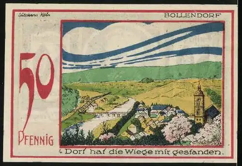 Notgeld Speicher 1921, 50 Pfennig, Eifelvater Dr. Dronke, Das Bollendorf mit Kirche