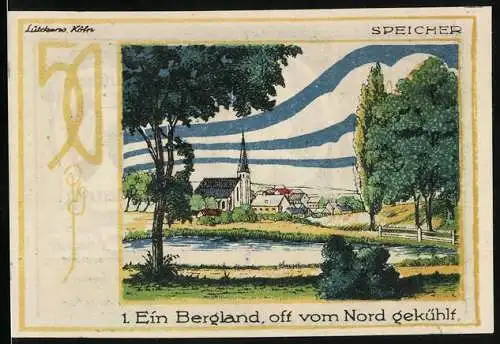 Notgeld Speicher 1921, 50 Pfennig, Eifelvater Dr. Dronke, Speicher am Weiher mit Kirche