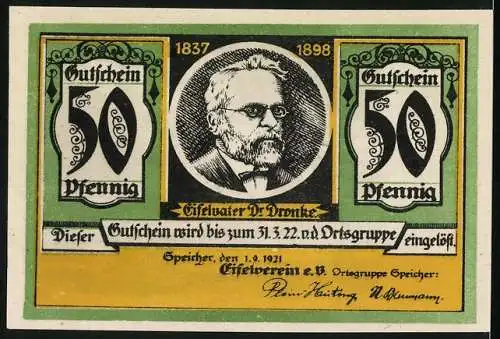 Notgeld Speicher 1921, 50 Pfennig, Eifelvater Dr. Dronke, Speicher am Weiher mit Kirche