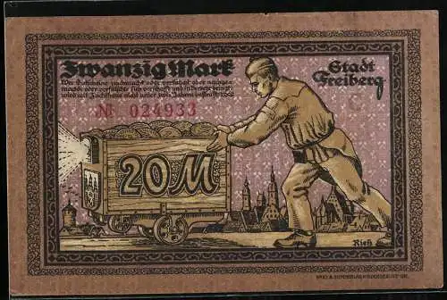 Notgeld Freiberg i. Sa. 1920, 20 Mark, Mann schiebt eine Lore voll Münzen