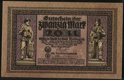 Notgeld Freiberg i. Sa. 1920, 20 Mark, Mann schiebt eine Lore voll Münzen