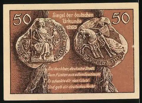 Notgeld Leobschütz 1922, 50 Pfennig, Die Siegel der deutschen Urkunde 1265