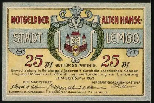 Notgeld Lemgo 1921, 25 Pfennig, Dach und Giebel des Rathauses