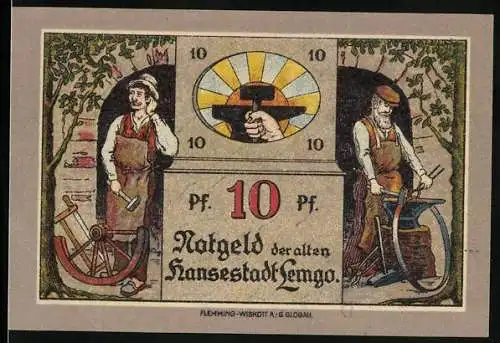 Notgeld Lemgo 1921, 10 Pfennig, Rademacher und Schmied