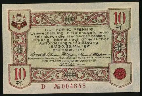 Notgeld Lemgo 1921, 10 Pfennig, Rademacher und Schmied