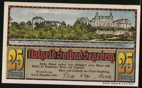 Notgeld Segeberg 1920, 25 Pfennig, Flusspanorama mit Blick auf die Ortschaft