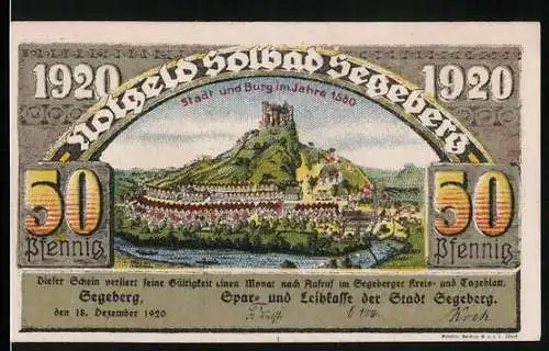 Notgeld Segeberg 1920, 50 Pfennig, Stadt und Burg im Jahre 1580