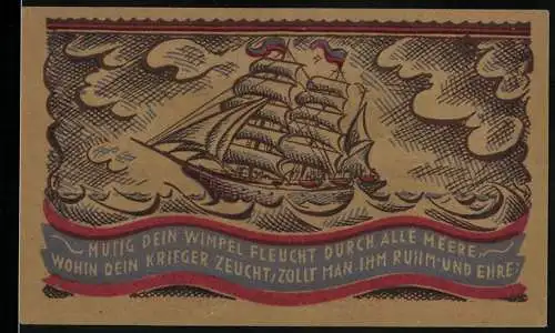 Notgeld Oldenburg 1921, 50 Pfennig, Dreimaster auf offener, stürmischer See