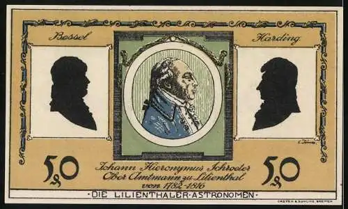 Notgeld Lilienthal 1921, 50 Pfennig, Konterfei von Johann Hieronymus Schroeter, Ober-Amtsmann 1782-1816