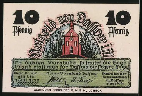 Notgeld Dassow i. M. 1922, 10 Pfennig, der Tod mit Sense in roter Kleidung