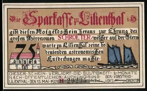 Notgeld Lilienthal 1921, 75 Pfennig, Konterfei von J. H.Schroeter, Silhouetten von Bessel und Harding