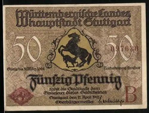 Notgeld Stuttgart 1921, 50 Pfennig, Blick durchs Königstor
