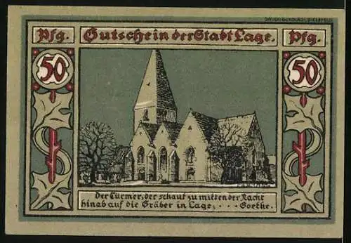 Notgeld Lage in Lippe 1921, 50 Pfennig, Kirche im Herbst