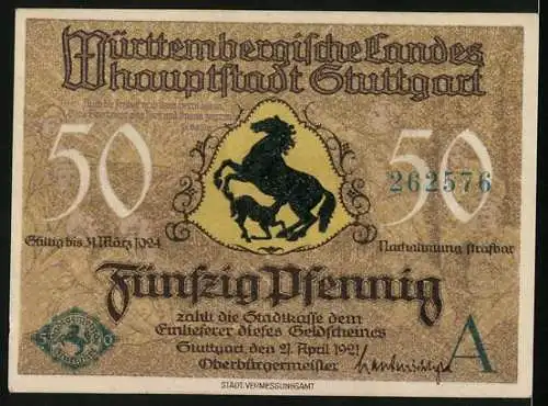 Notgeld Stuttgart 1921, 50 Pfennig, Altes Schloss und Stiftskirche