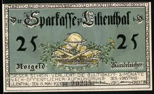 Notgeld Lilienthal 1921, 25 Pfennig, Silhouetten von Bessel und Harding, Konferfei von J. H. Schroeter