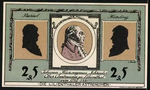 Notgeld Lilienthal 1921, 25 Pfennig, Silhouetten von Bessel und Harding, Konferfei von J. H. Schroeter