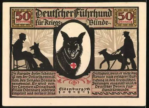 Notgeld Oldenburg 1921, 50 Pfennig, Führhund für Kriegsblinde, ein Führer auf Stieg und Steig