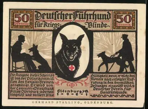 Notgeld Oldenburg 1921, 50 Pfennig, Führhund für Kriegsblinde, Ein Retter aus Gefahr