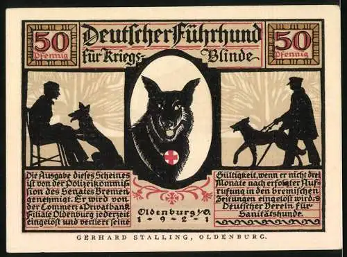 Notgeld Oldenburg 1921, 50 Pfennig, Führhund für Kriegsblinde, Führer zur Arbeit fürs tägliche Brot