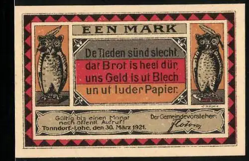 Notgeld Tonndorf-Lohe 1921, 1 Mark, zwei Eulen, Zwerg am Staatssäckel