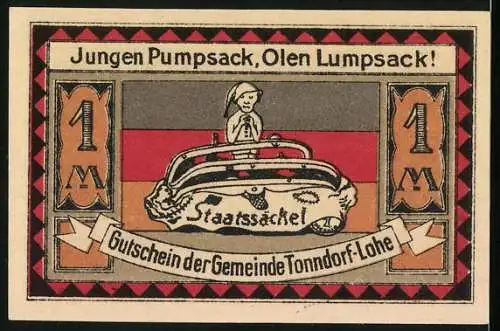 Notgeld Tonndorf-Lohe 1921, 1 Mark, zwei Eulen, Zwerg am Staatssäckel