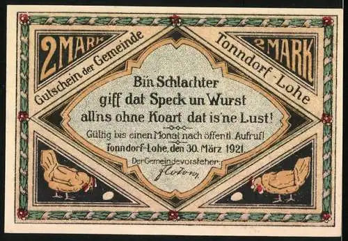 Notgeld Tonndorf-Lohe 1921, 2 Mark, Bauern mit Schweinen und Henne