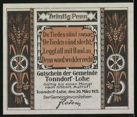 Notgeld Tonndorf-Lohe 1921, 20 Pfennig, Bauer bei der Aussaat