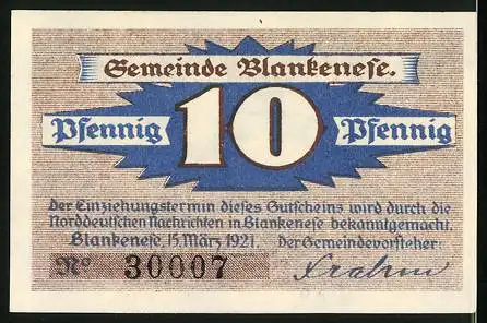 Notgeld Blankenese 1921, 10 Pfennig, Dreimaster pflügt durch die hohe See