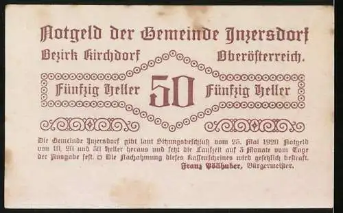 Notgeld Inzersdorf /Oberösterreich 1920, 50 Heller, Ortsansicht im Jahre 1674
