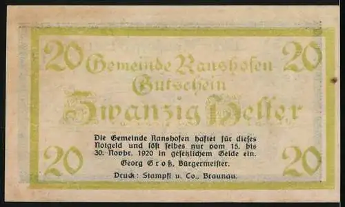 Notgeld Ranshofen 1920, 20 Heller, Das Kloster Ransshofen