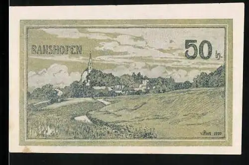 Notgeld Ranshofen 1920, 50 Heller, Ortsansicht vom Feldweg aus