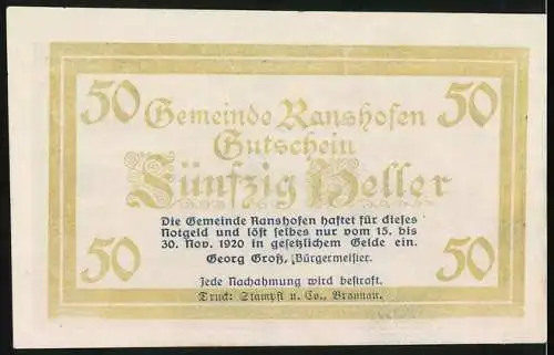 Notgeld Ranshofen 1920, 50 Heller, Ortsansicht vom Feldweg aus