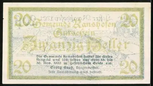 Notgeld Ranshofen 1920, 20 Heller, Das Kloster Ransshofen 1721