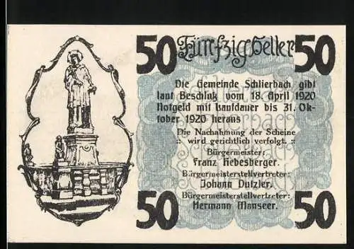 Notgeld Schlierbach 1920, 50 Heller, Blick auf die Stiftsanlage