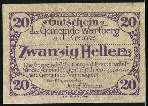 Notgeld Wartberg a.d. Krems 1921, 20 Heller, Partie an der Kirche