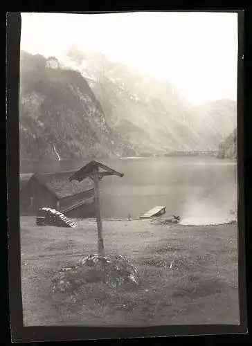 Fotografie W. Apel, Berlin, Ansicht Schönau, Steg u. Bootshaus am Königssee