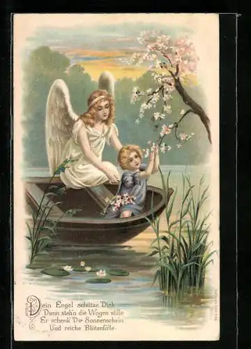 Lithographie Schutzengel, Kind in einem Boot pflückt Blüten
